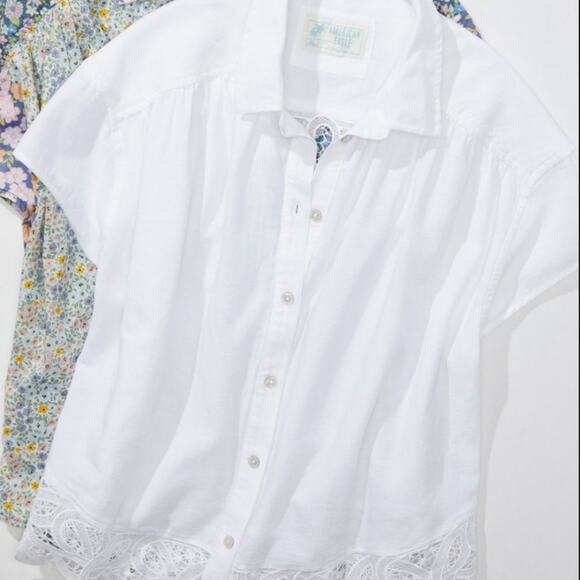 NEW American Eagle White Linen Blend Oversized Lace Button Down Top XS - Picture 3 of 10